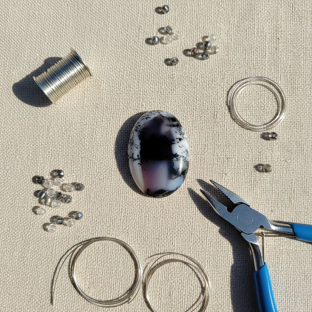 Jewellery-making supplies including wire, beads, and pliers on a textured surface with a semi-precious stone.