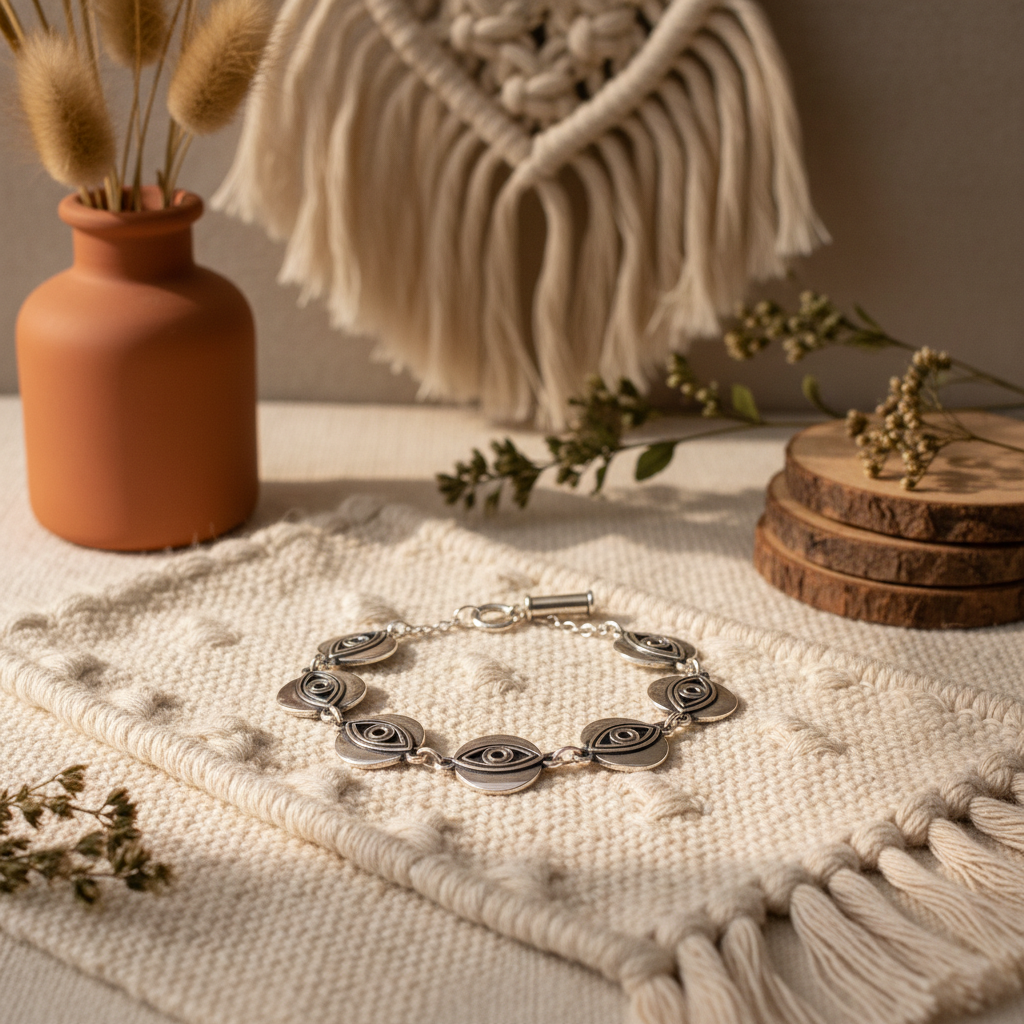 Silver bracelet on a textured surface with decorative elements in the background