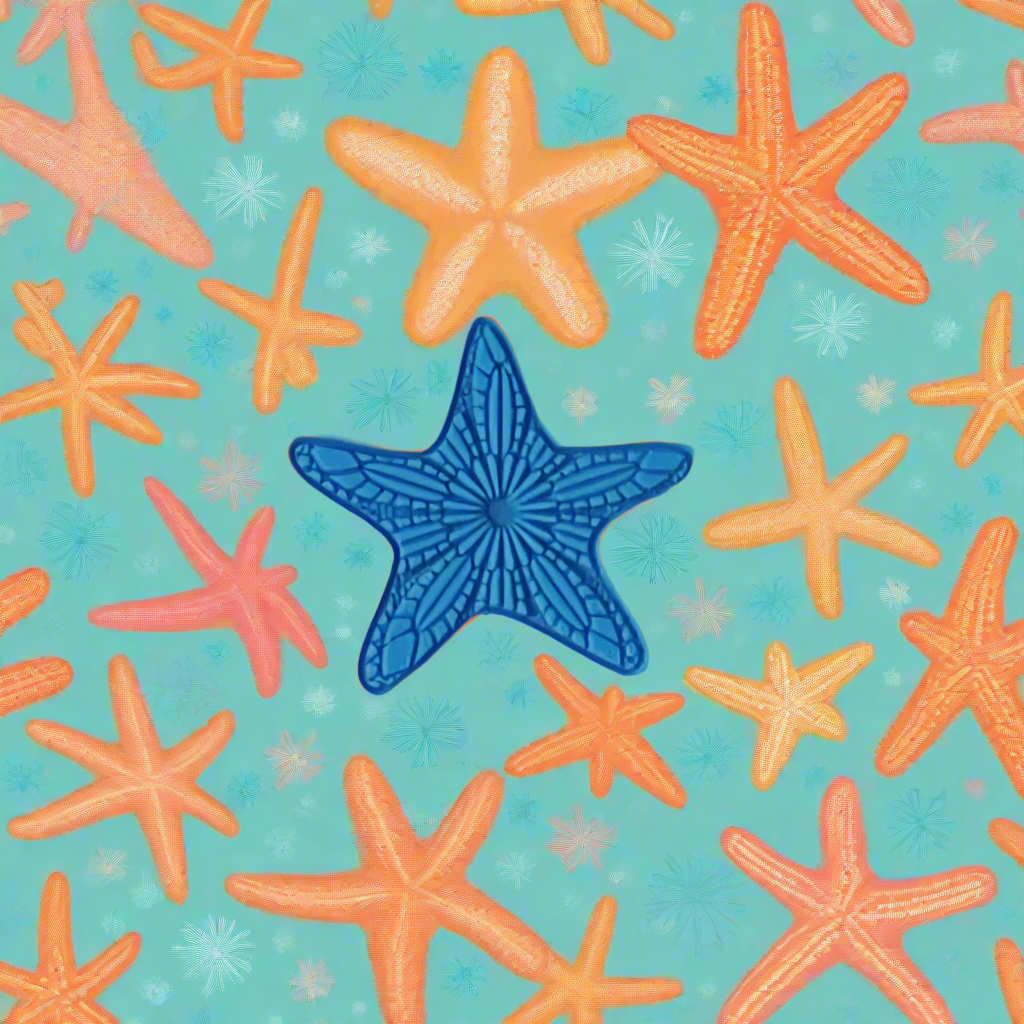 Blue starfish-shaped stamp on a decorative background with starfish pattern. 