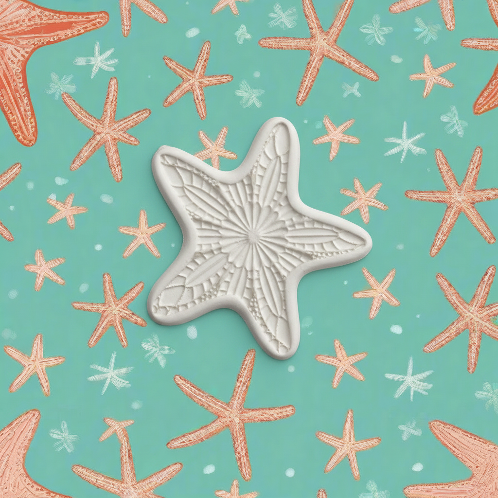 Pattern of starfish on a teal background. Embossed using a debossed texture tile. 