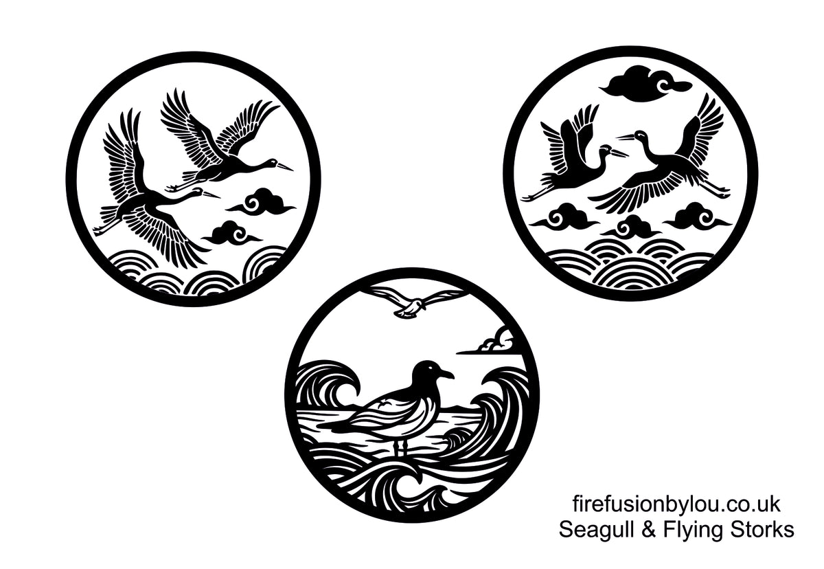 Three circular black-and-white seagull and flying stork designs arranged on a white background, with small text reading firefusionbylou.co.uk