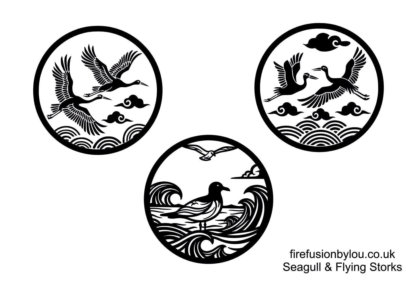 Three circular black-and-white seagull and flying stork designs arranged on a white background, with small text reading firefusionbylou.co.uk