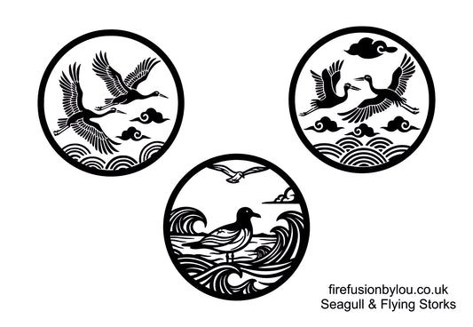 Three circular black-and-white seagull and flying stork designs arranged on a white background, with small text reading firefusionbylou.co.uk