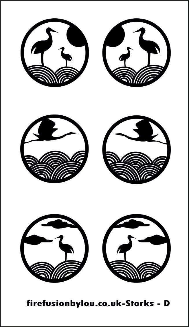 A debossed texture mat of storks. This picture shows the texture mat pattern in black and white for use on metal clay or polymer clay.