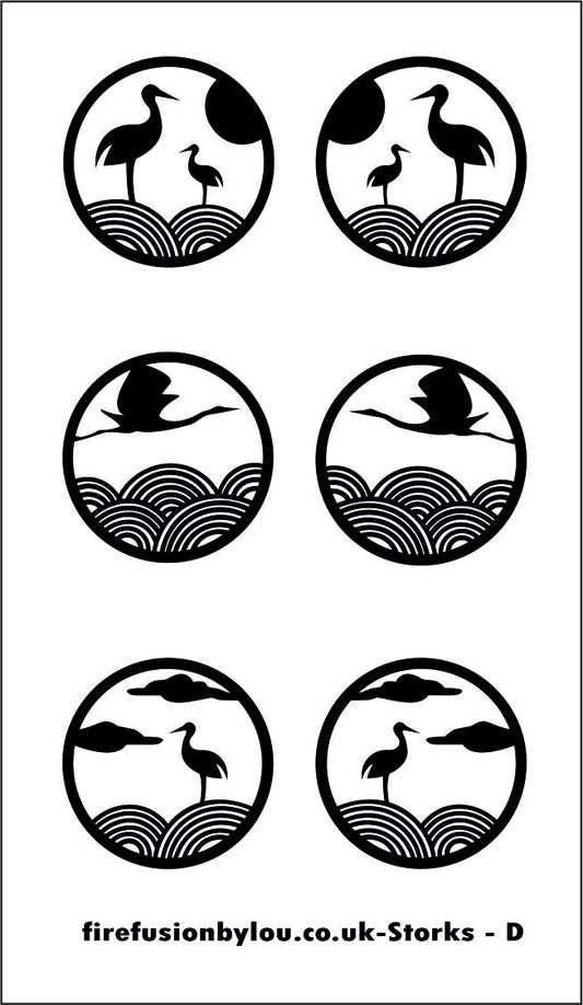 A debossed texture mat of storks. This picture shows the texture mat pattern in black and white for use on metal clay or polymer clay.