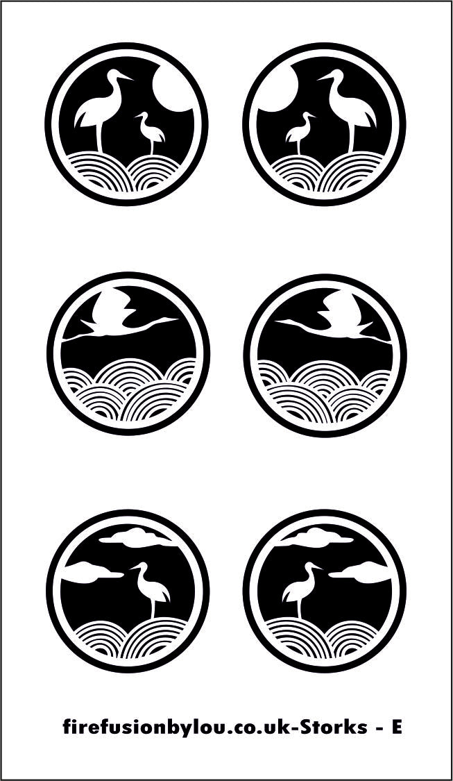 An embossed texture mat of storks. This picture shows the texture mat pattern in black and white for use on metal clay or polymer clay.