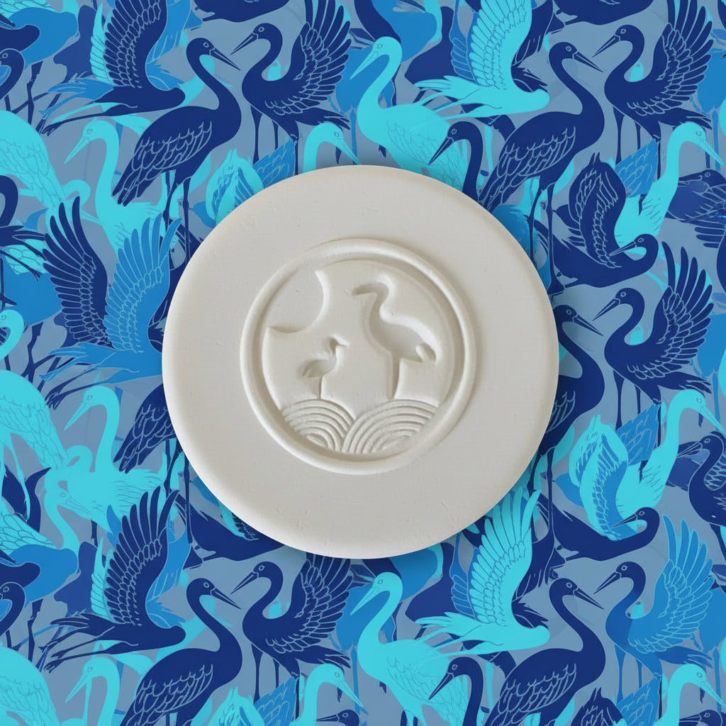 White clay with storks on a blue background with bird patterns