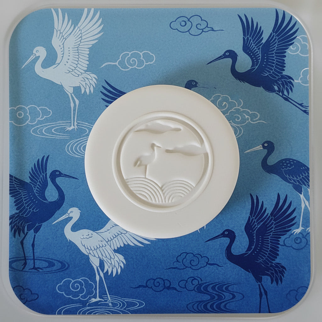 Clay stamp with a stork design on a stork background.