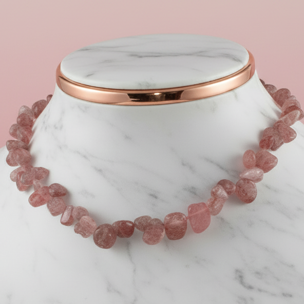 Pink beaded necklace on a marble stand with rose gold accents against a pink background