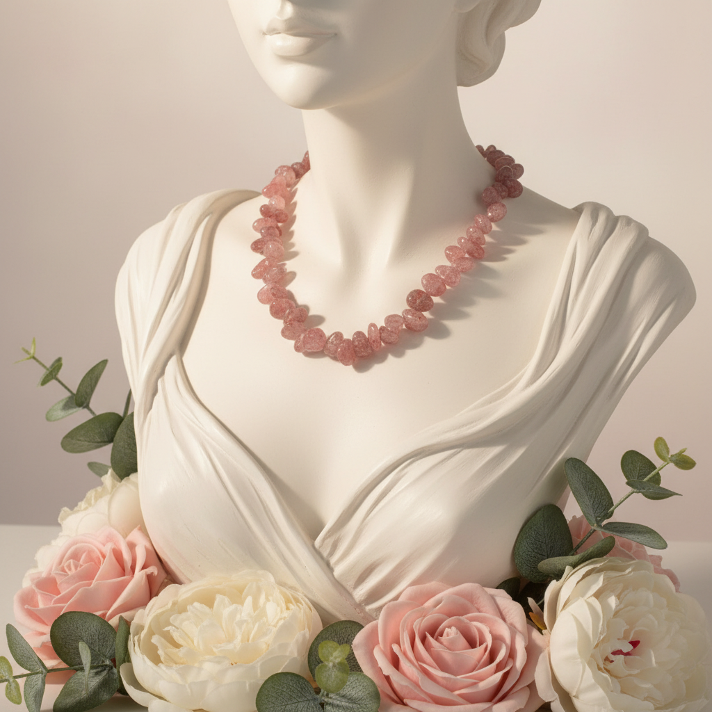 Necklace on a mannequin bust with flowers in the foreground