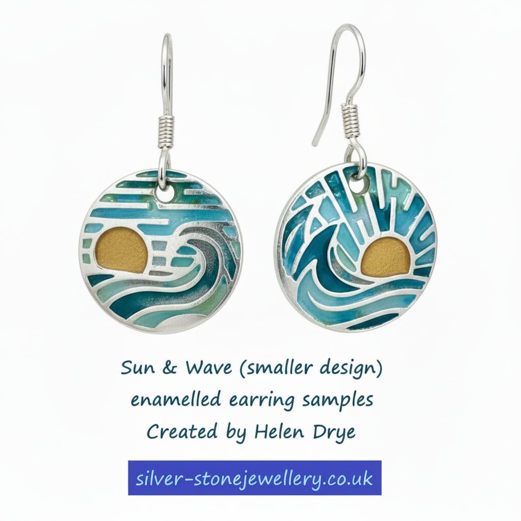 Enamelled earrings with wave design on a white background, created by Helen Drye.