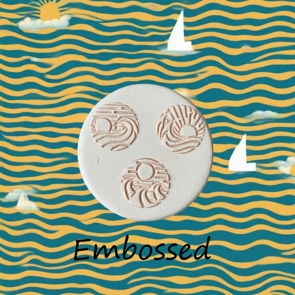 Sun and waves debossed in clay Using a  embossed texture mat. 