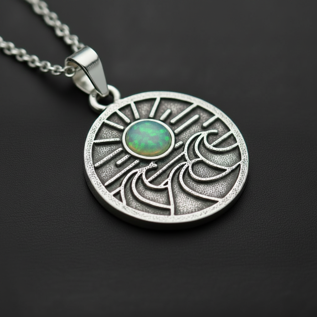 A silver pendant necklace featuring a circular design with a stylized sun and wave motif, set with a round green opal gemstone, shown on a dark textured background.