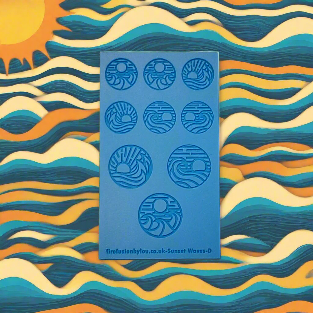 Blue rubber with circular sun and waves designs on a wavy colourful background