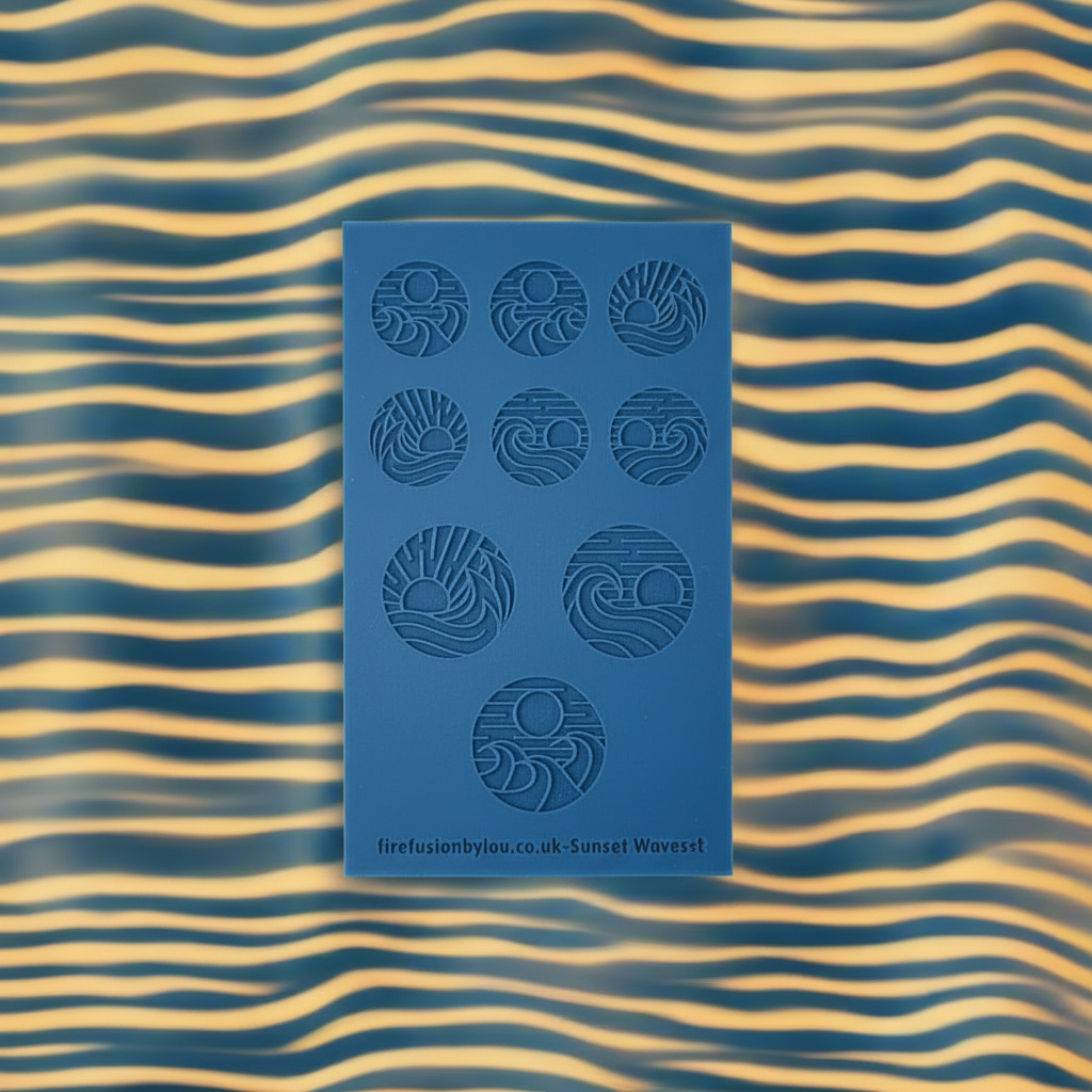 A texture tile with a embossed sun and wave pattern in grey material.