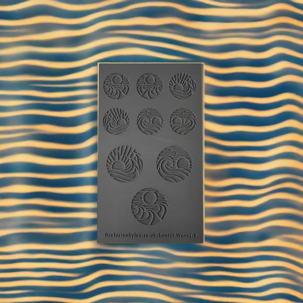 A texture tile with a embossed sun and wave pattern in grey material.