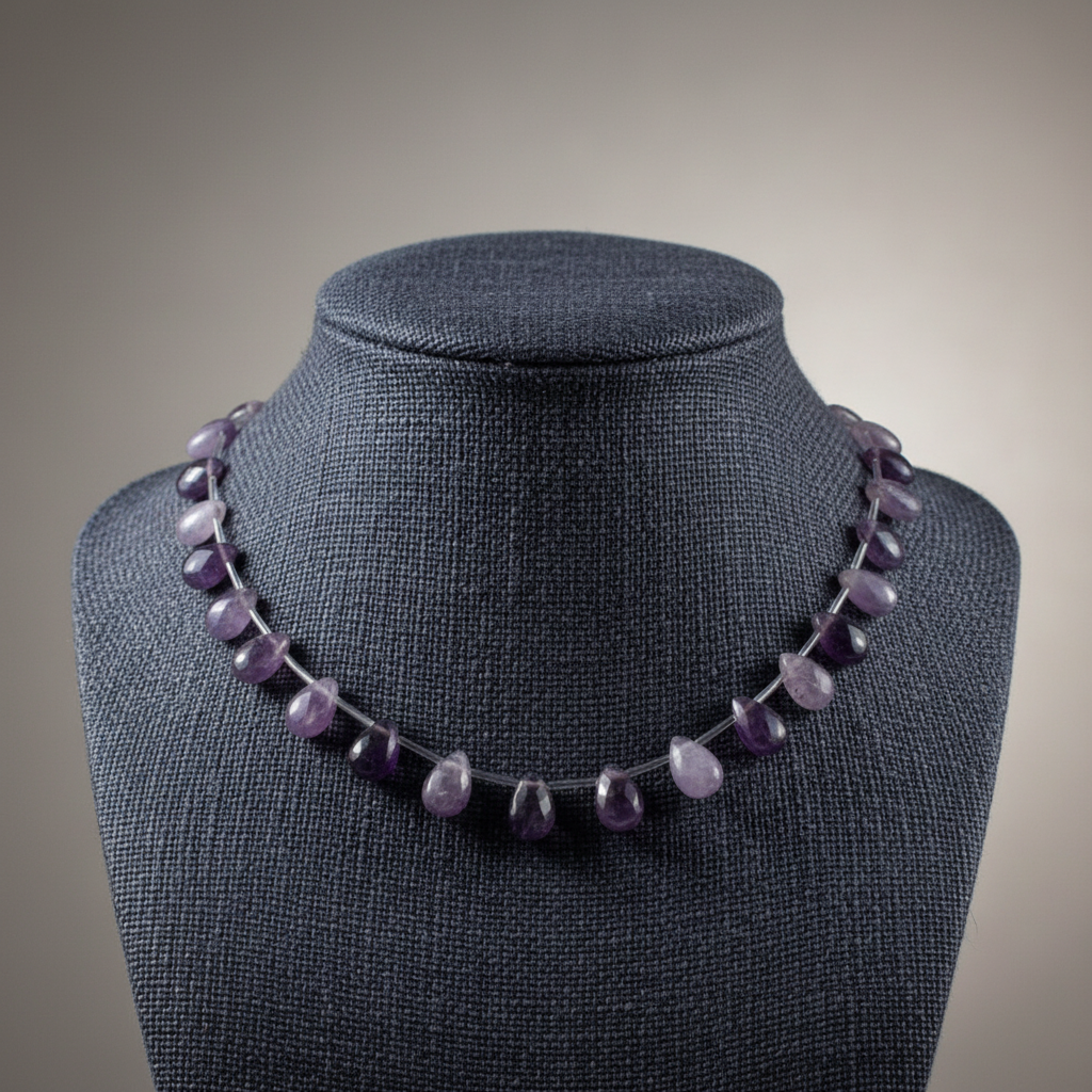 Necklace with purple beads on a gray mannequin bust against a gray background