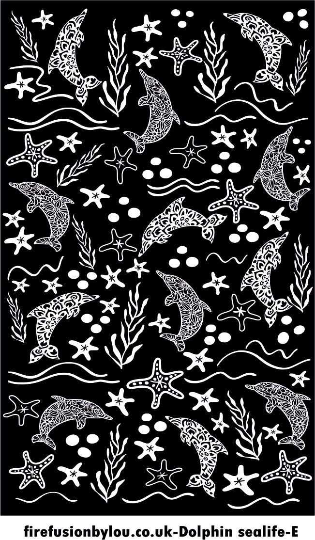 A texture tile embossed style of dolphins and sea life. This picture shows the texture tile pattern in black and white  used with Art clay silver or other metal clay or polymer clay.