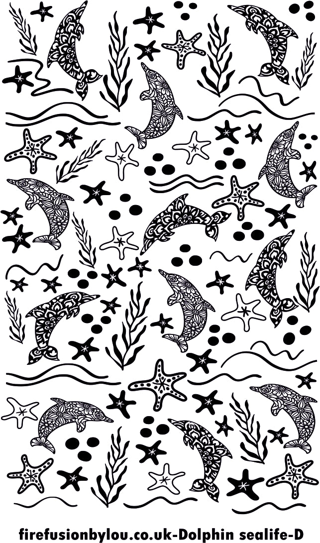 A texture tile debossed style of dolphins and sea life. This picture shows the texture tile pattern in black and white  used with Art clay silver or other metal clay or polymer clay.