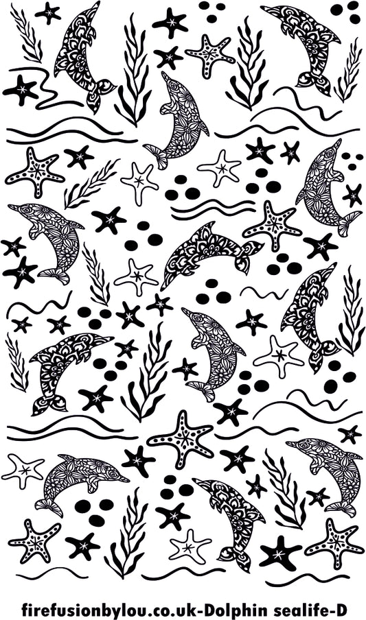A texture tile debossed style of dolphins and sea life. This picture shows the texture tile pattern in black and white  used with Art clay silver or other metal clay or polymer clay.