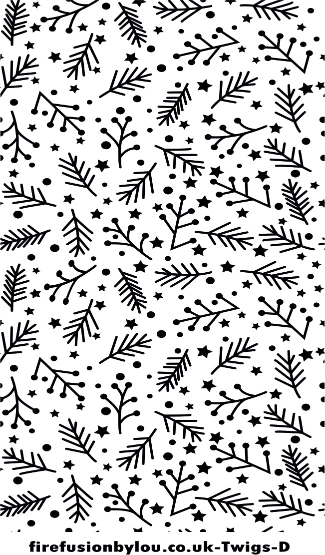 A texture tile debossed repeat pattern of twigs. This picture shows the texture tile pattern in black and white  used with Art clay silver or other metal clay or polymer clay.