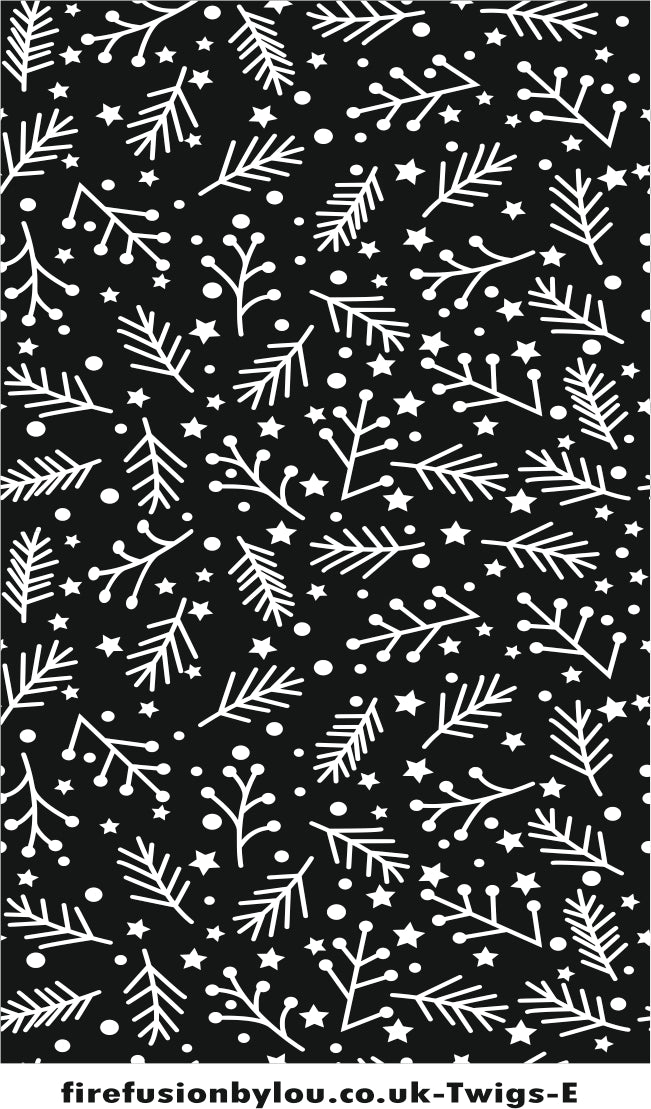 A texture tile embossed repeat pattern of twigs. This picture shows the texture tile pattern in black and white  used with Art clay silver or other metal clay or polymer clay.