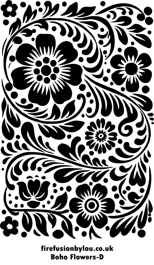 Black and white bohemian floral pattern featuring stylized flowers, leaves, and swirling vine motifs, with the text 'firefusionbylou.co.uk