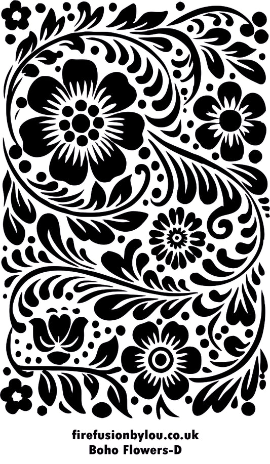 Black and white bohemian floral pattern featuring stylized flowers, leaves, and swirling vine motifs, with the text 'firefusionbylou.co.uk