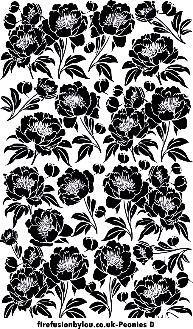 A texture tile debossed repeat pattern of peonies This picture shows the texture tile pattern in black and white  used with Art clay silver or other metal clay or polymer clay.