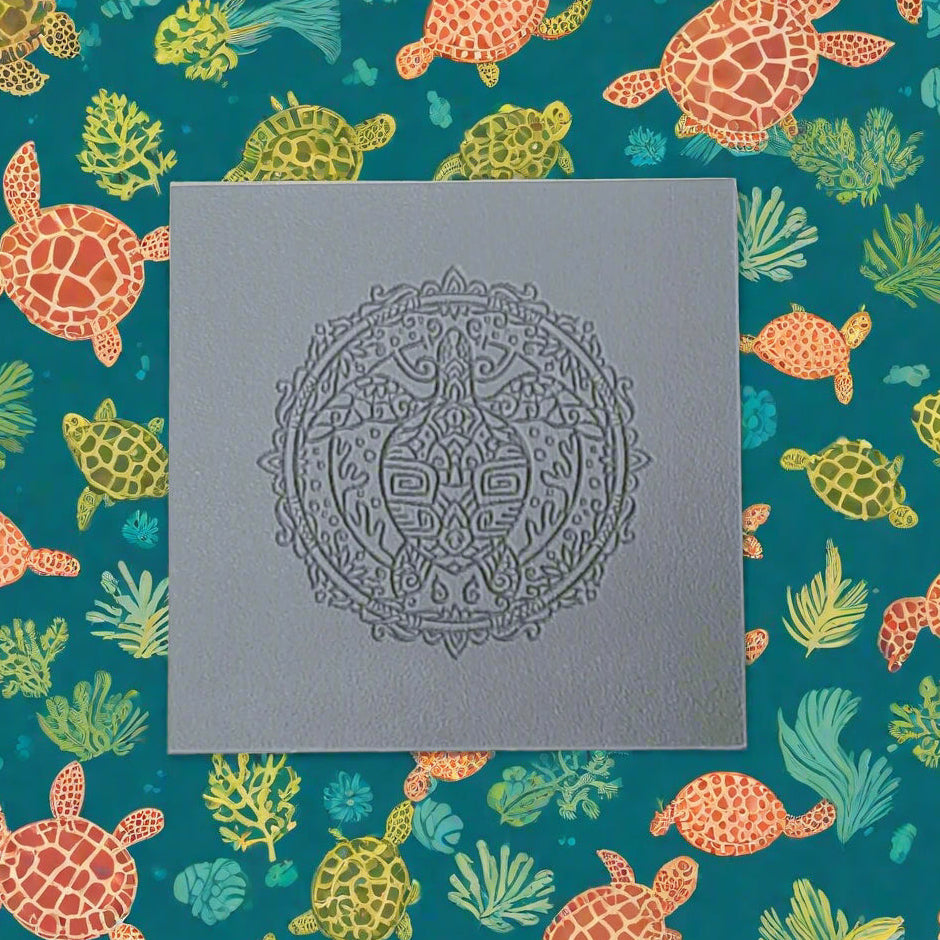 A texture tile with a turtle in grey rubber with a colourful background of repeat turtles.