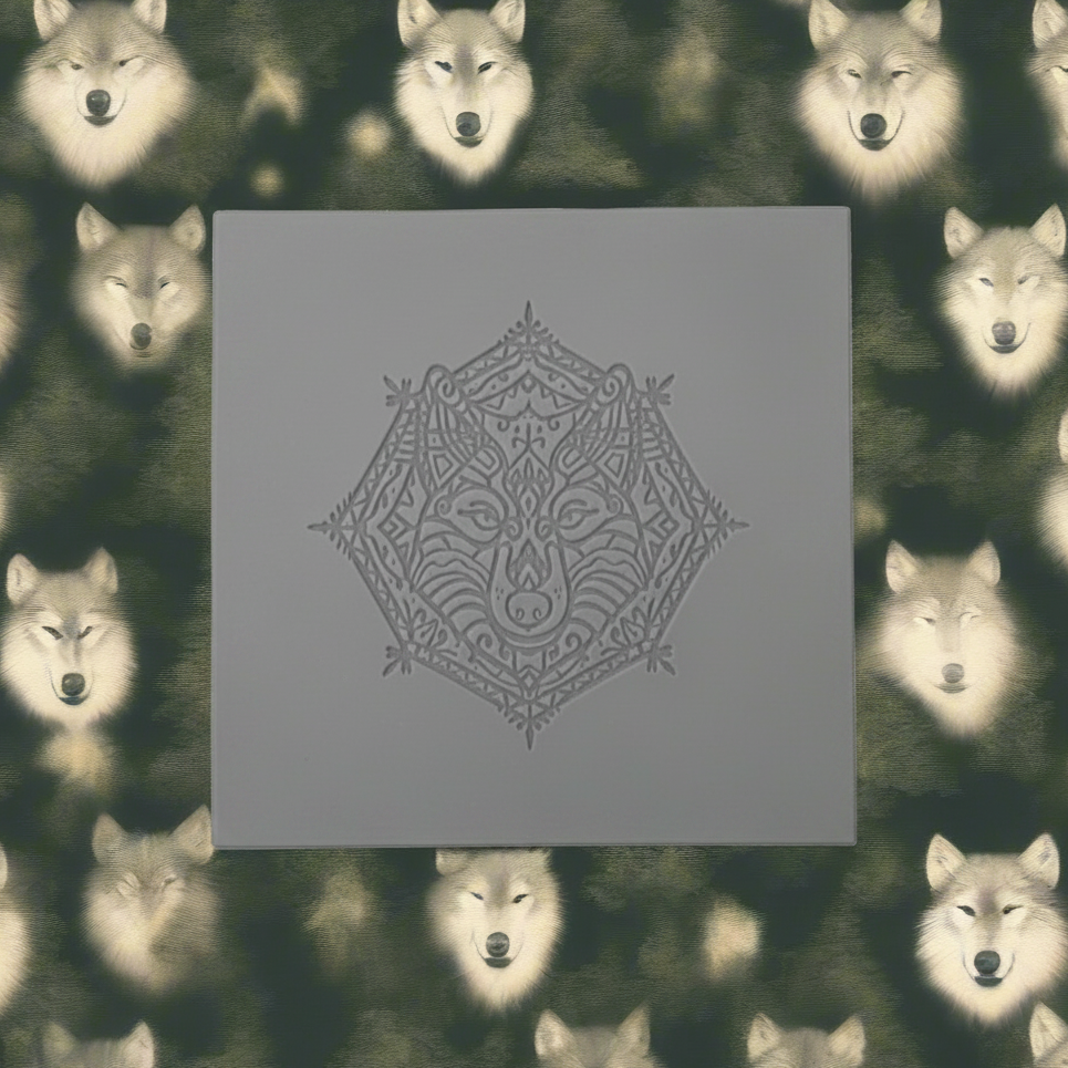 A texture tile with a wolf in grey rubber. A background of wolves as a pattern repeat.