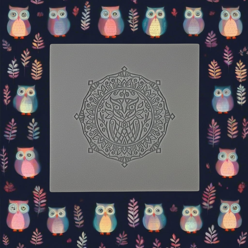 A texture tile of an owl in grey rubber with a colourful repeat pattern of owls in the background.