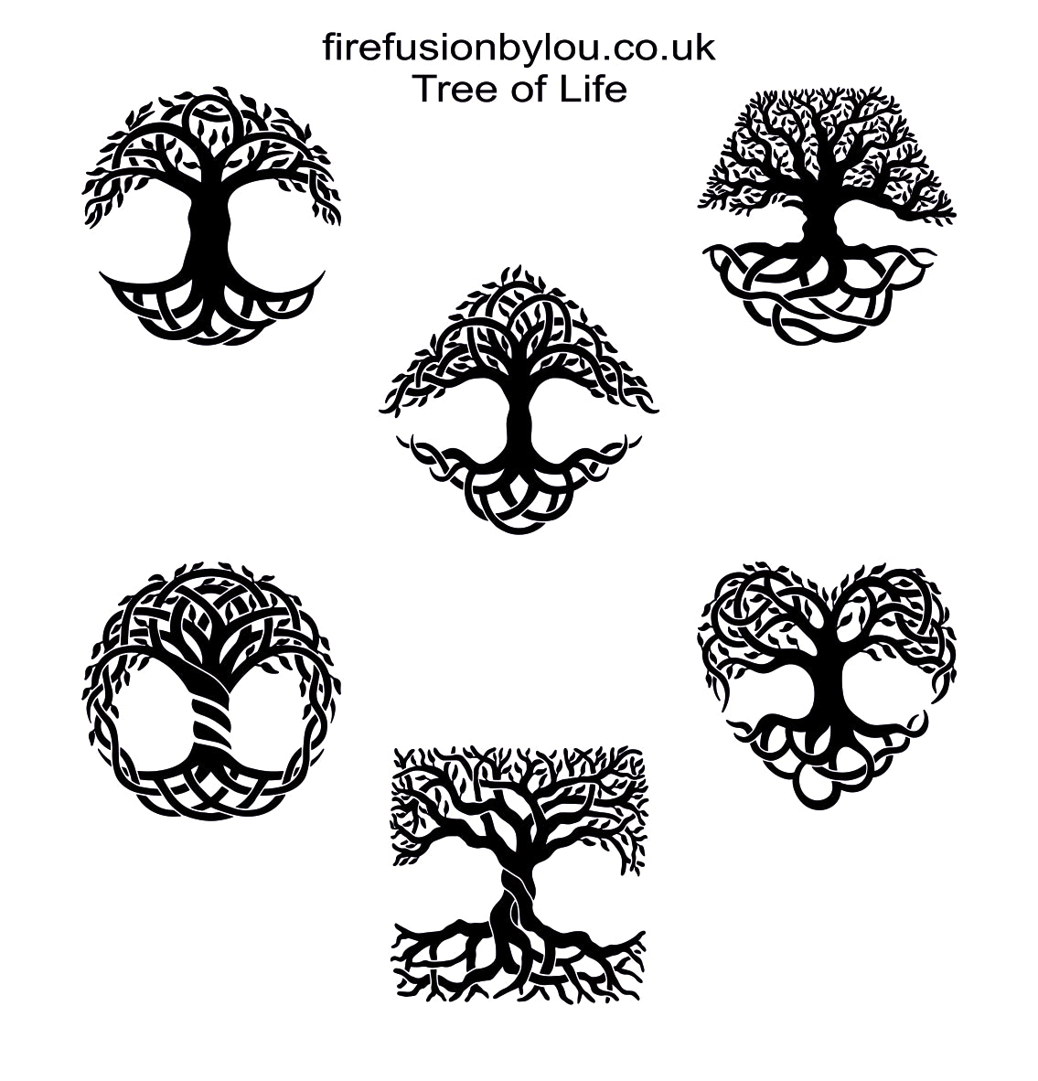 Six black Tree of Life tattoo or stencil designs arranged on a white background, with the text 'firefusionbylou.co.uk'