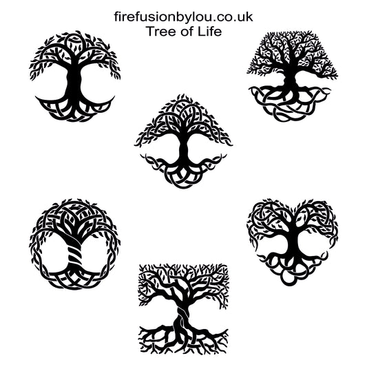 Six black Tree of Life tattoo or stencil designs arranged on a white background, with the text 'firefusionbylou.co.uk'