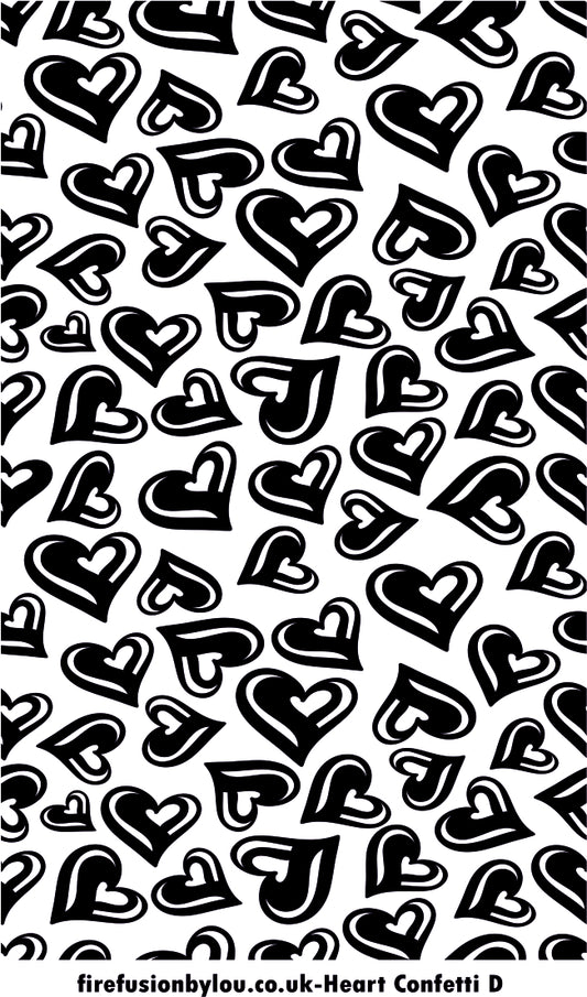 A texture tile debossed repeat pattern of heart confetti. This picture shows the texture tile pattern in black and white  used with Art clay silver or other metal clay or polymer clay.