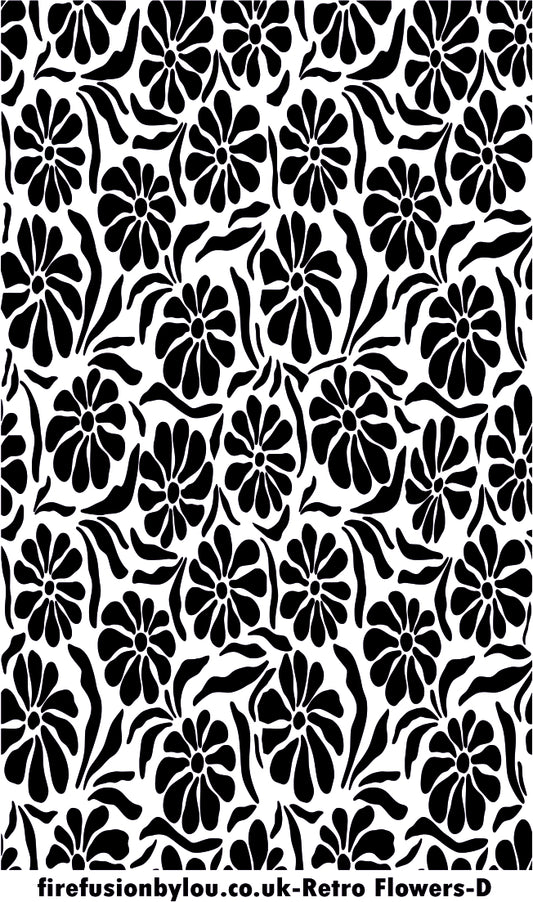 A texture tile debossed repeat pattern of Retro Flowers. This picture shows the texture tile pattern in black and white  used with Art clay silver or other metal clay or polymer clay.