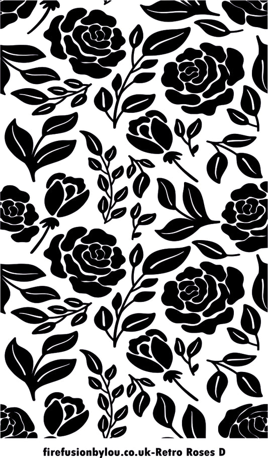 A texture tile debossed style of old fashioned roses This picture shows the texture tile pattern in black and white  used with Art clay silver or other metal clay or polymer clay.