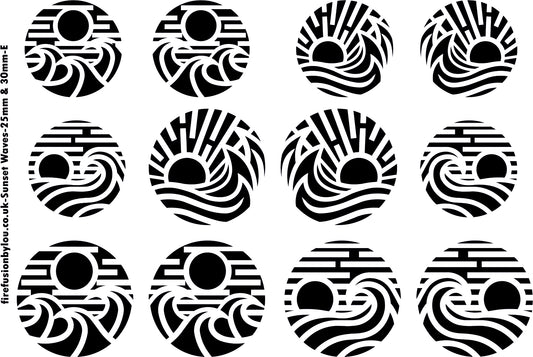 Collection of black and white circular patterns resembling sunsets or waves on a white background.