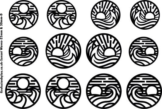 Set of black and white circular patterns with sun and wave design.