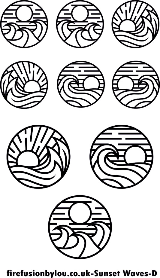 A texture tile debossed repeat pattern of various sun and waves. This picture shows the texture tile pattern in black and white  used with Art clay silver or other metal clay or polymer clay.