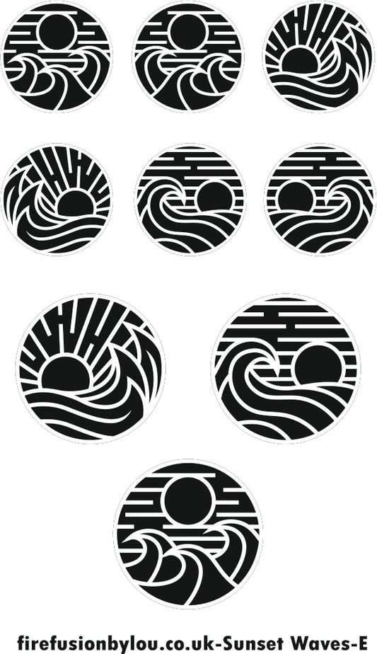 A texture tile embossed repeat pattern of various sun and waves. This picture shows the texture tile pattern in black and white  used with Art clay silver or other metal clay or polymer clay.