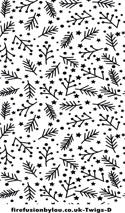 A texture tile debossed repeat pattern of twigs. This picture shows the texture tile pattern in black and white  used with Art clay silver or other metal clay or polymer clay.
