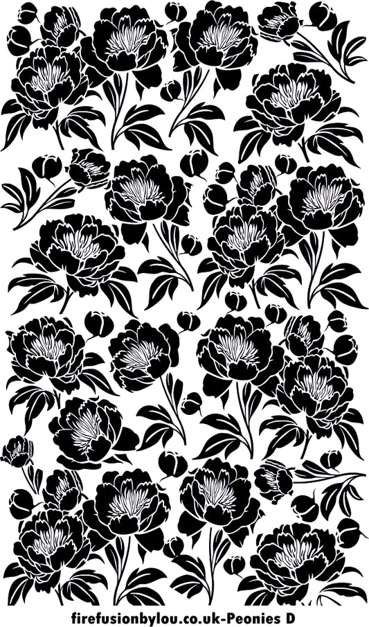 A texture tile debossed repeat pattern of peonies This picture shows the texture tile pattern in black and white  used with Art clay silver or other metal clay or polymer clay.