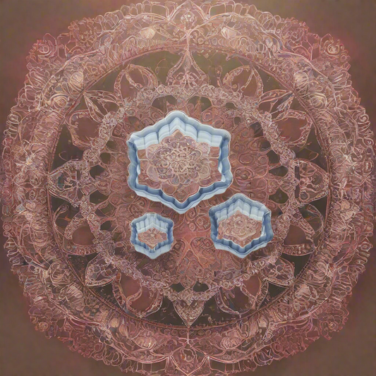 An intricate mandala design featuring three cutters in different sizes arranged concentrically.
