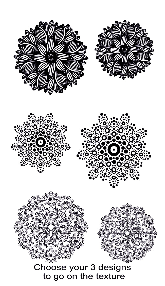 Six black mandala and floral line-art designs arranged on a white background, with text at the bottom reading 'Choose your 3 designs to go on the texture'.