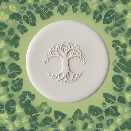 A white clay featuring an embossed tree of life design in the centre, set against a light green background patterned with leaf silhouettes.