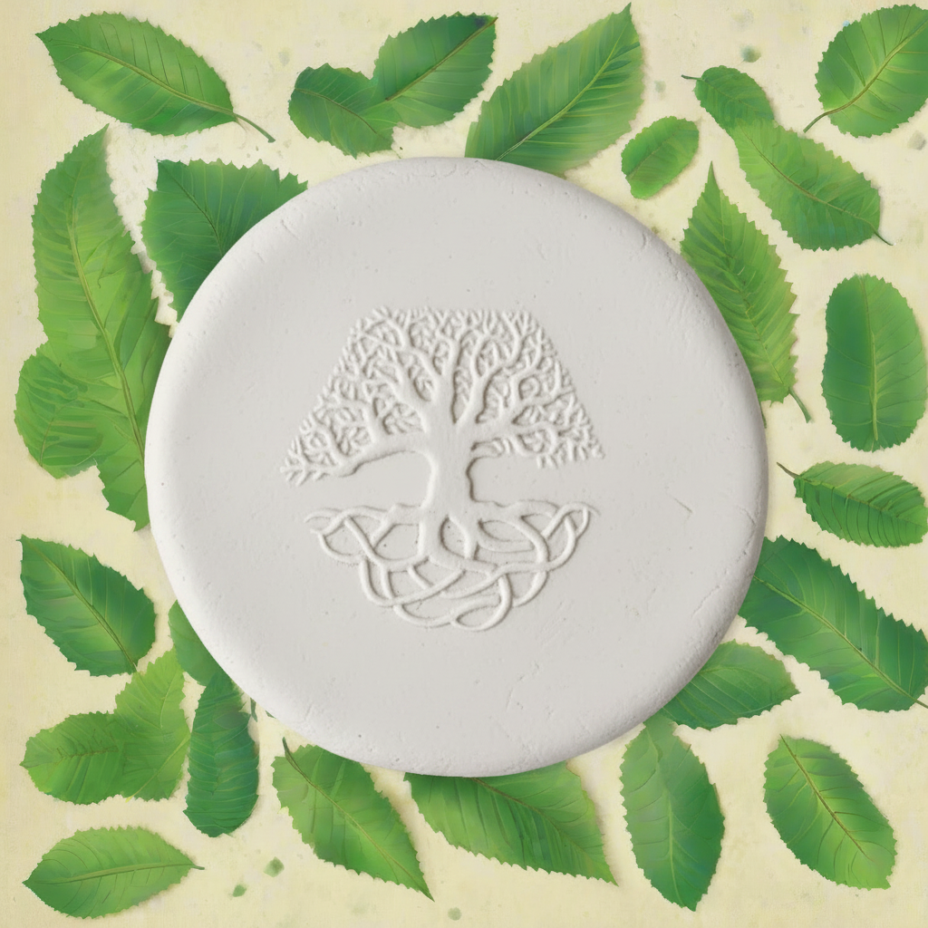 A round white clay featuring an embossed tree of life design, surrounded by green leaves on a light cream background.