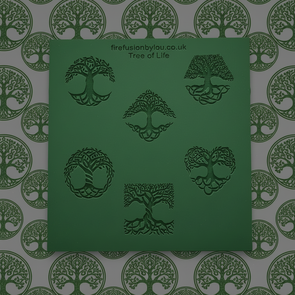 A green rectangular texture mat featuring six embossed 'Tree of Life' motifs, photographed flat against a repeating tree of life patterned background. Small text at the top reads 'firefusionbylou.