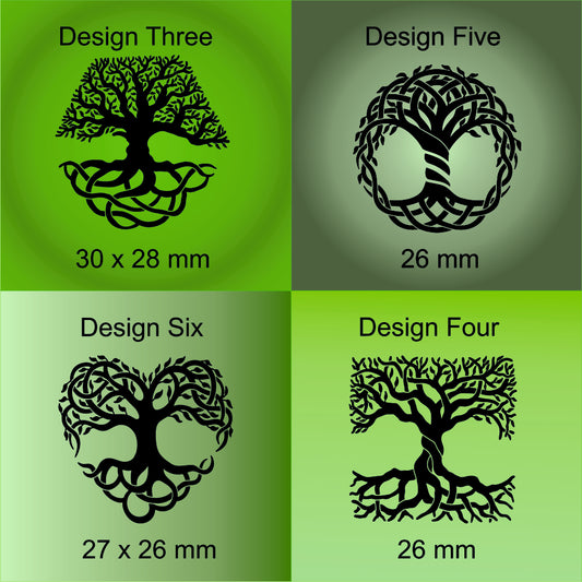 Four tree designs with their respective dimensions on a green background