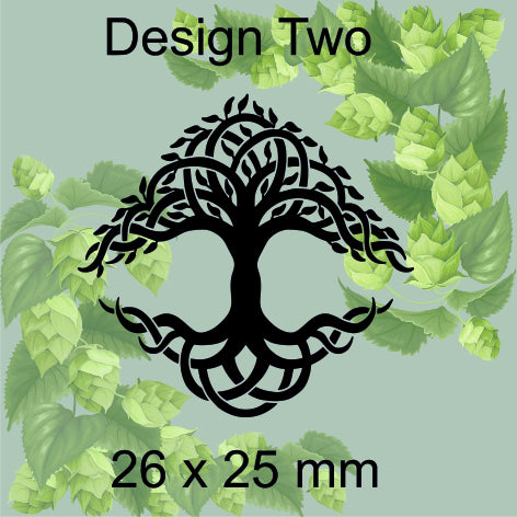Black tree design on a green leafy background with 'Design Two' text and size '26 x 25 mm'.